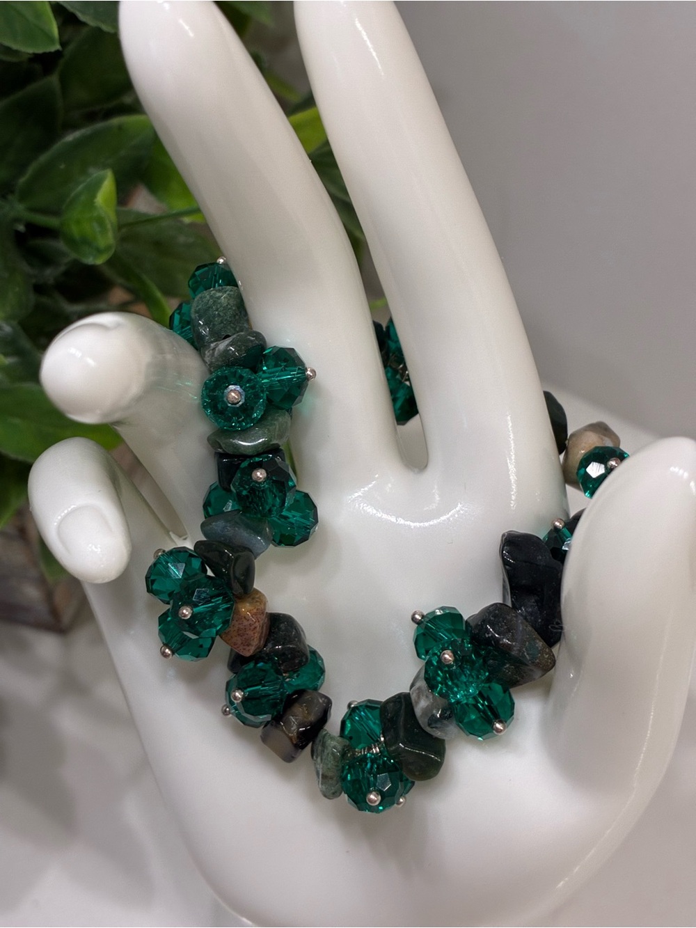 Handcrafted Emerald Green Faceted Crystal And Stone Stretch Bracelet